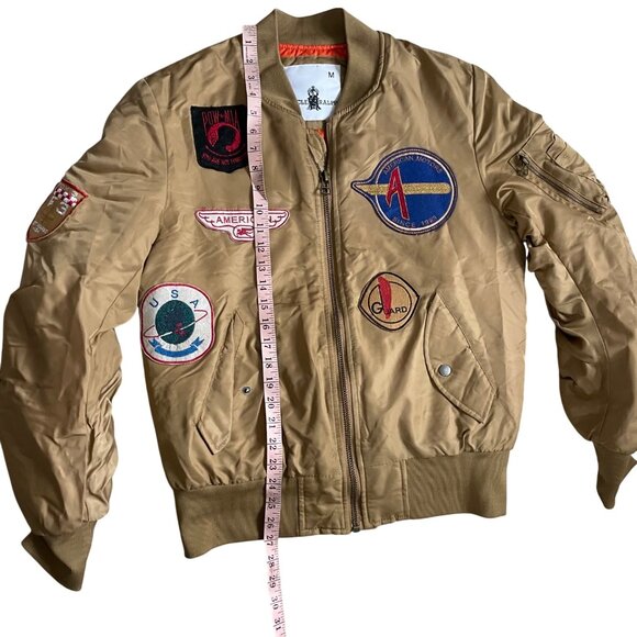 Uncle Ralph Mens Medium Bomber Jacket With Embroidered Patches Beige & Orange - Picture 8 of 11